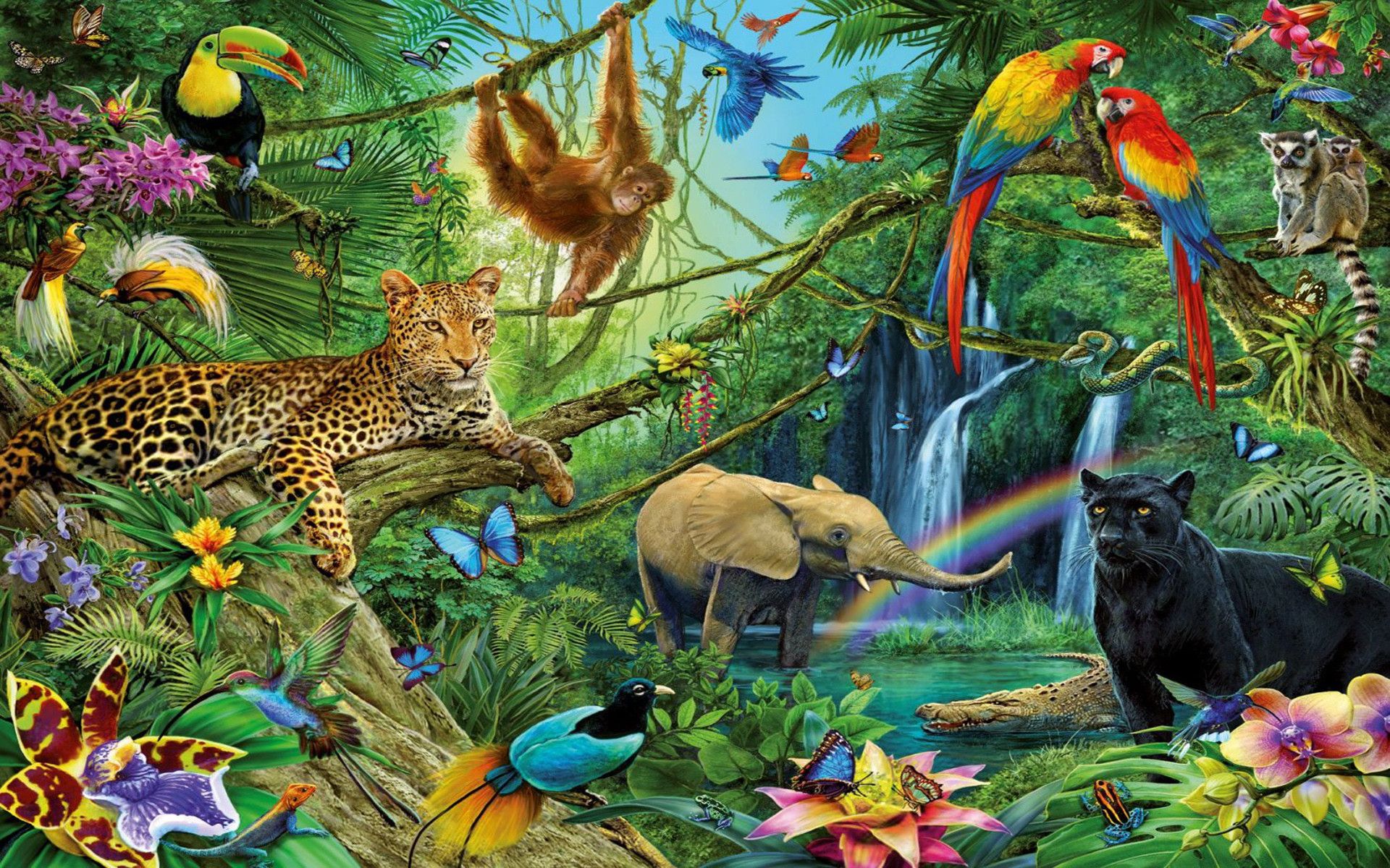 Tropical jungle with exotic animals